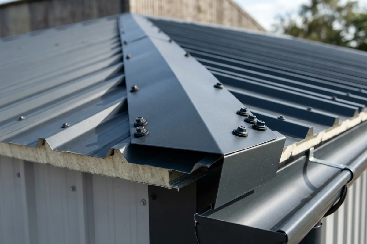 Sandviç panel çatı üst mahya sacı damlalık saçak büküm sacı ve EPDM pullu vida montaj detayları